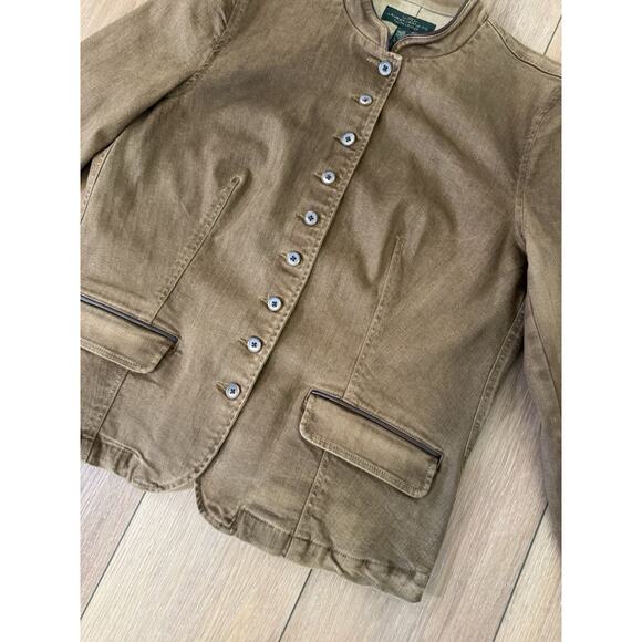 Ralph Lauren RLR Stretch Denim Jacket Camel SZ 16 Sheep Leather Trim Mandarin - Picture 5 of 16